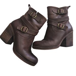 Lucky Brand Orenzo Ankle Moto Boot Brown Leather Chunky Heel Womens Size 7